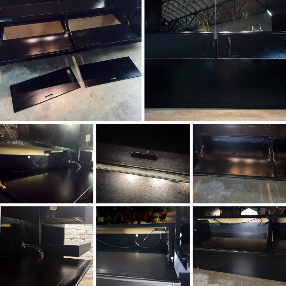Late 20th Century Modern Campaign Henredon Black Lacquered Modular King Bed w/Side Cabinets & Back Mirror