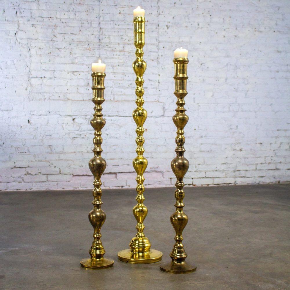 20th Century Moroccan Bohemian & Boho Chic Style Set of 3 Tiered Turned Brass Floor Candlesticks