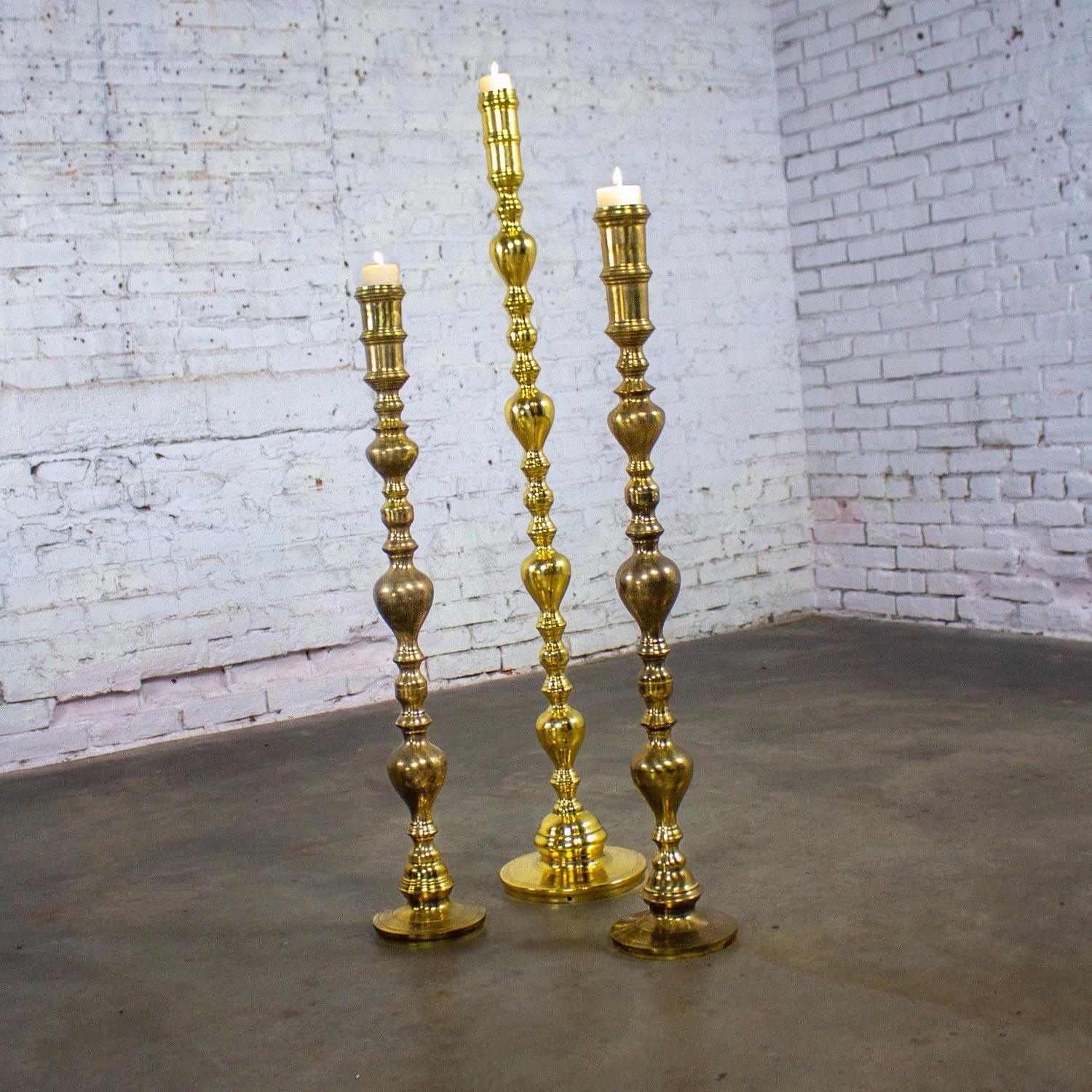 20th Century Moroccan Bohemian & Boho Chic Style Set of 3 Tiered Turned Brass Floor Candlesticks