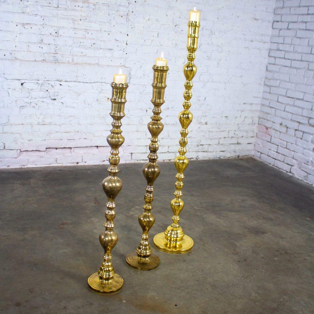 20th Century Moroccan Bohemian & Boho Chic Style Set of 3 Tiered Turned Brass Floor Candlesticks