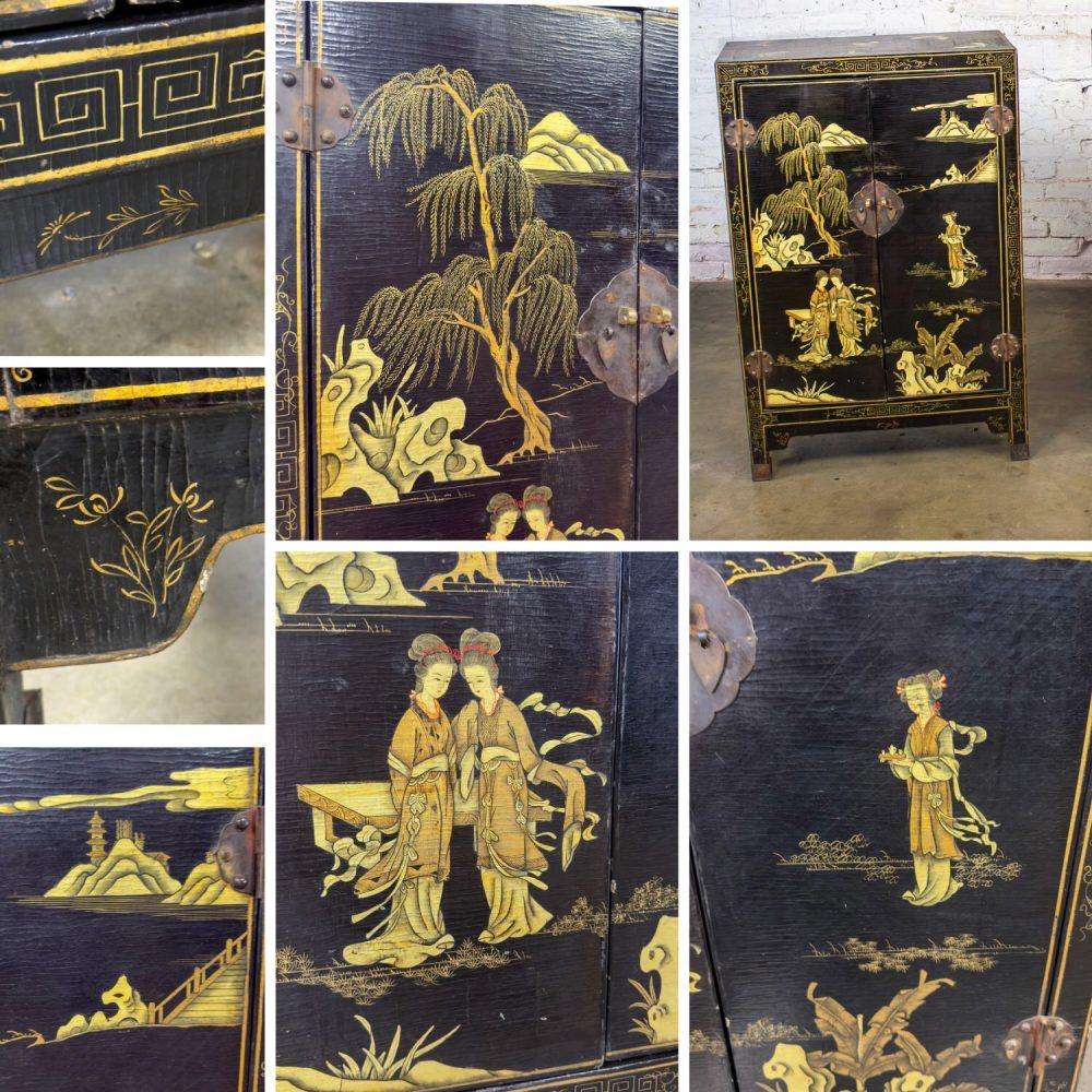 19th to 20th Century Pair of Japanese Textured Black Lacquer Chests w/Hand Painted Asian Details