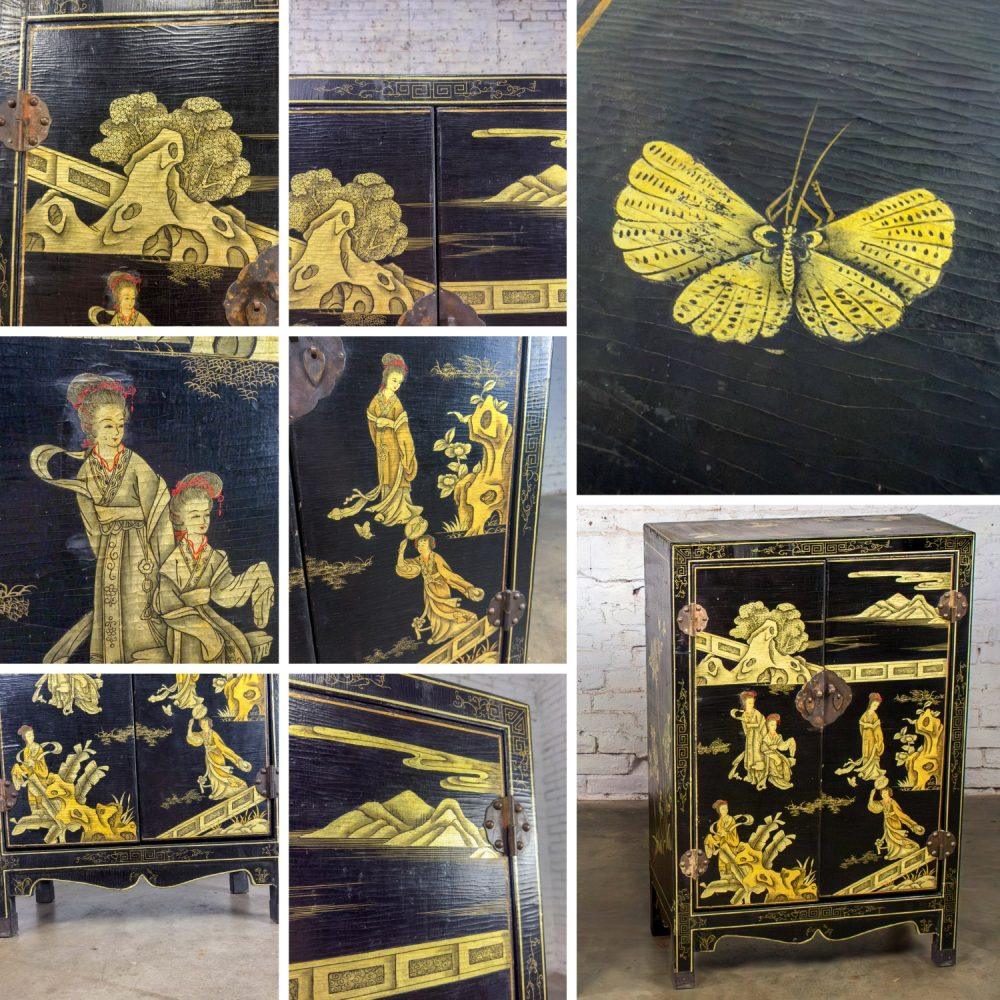 19th to 20th Century Pair of Japanese Textured Black Lacquer Chests w/Hand Painted Asian Details