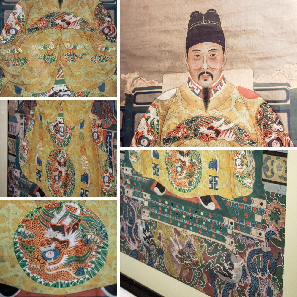 19th-20th Century Chinese Ming Dynasty Emperor Yellow Imperial Robe Hand Painted on Silk w/Black Wood Frame