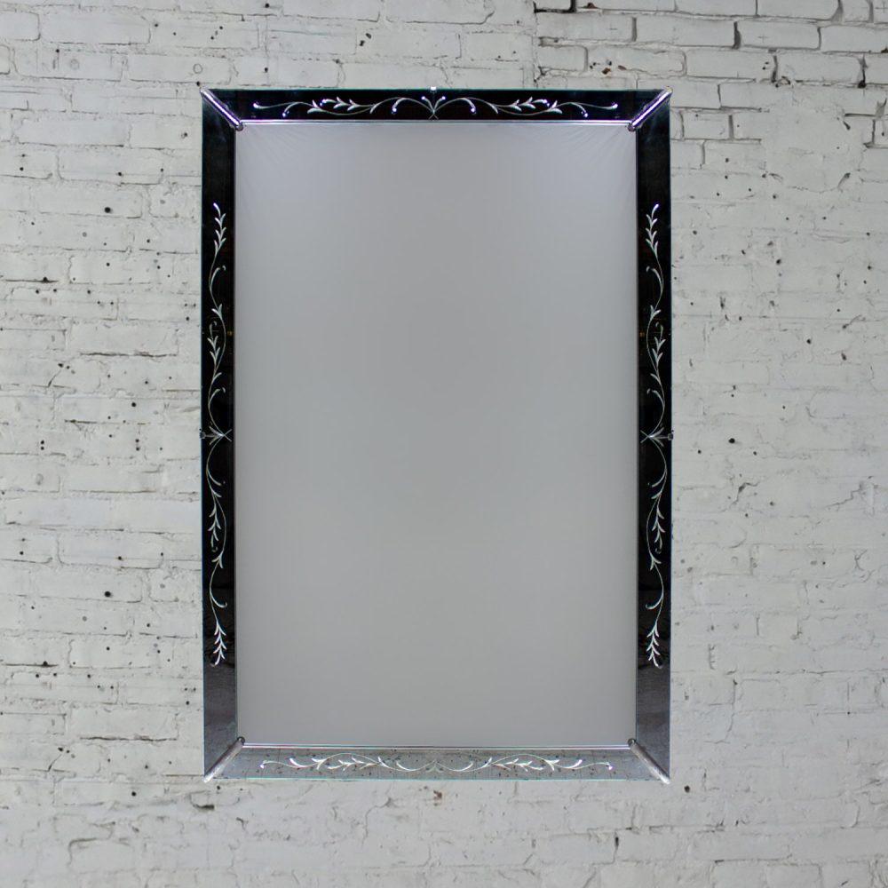 1930-1950’s Art Deco Hollywood Regency Etched Venetian Glass Rectangular Wall Mirror