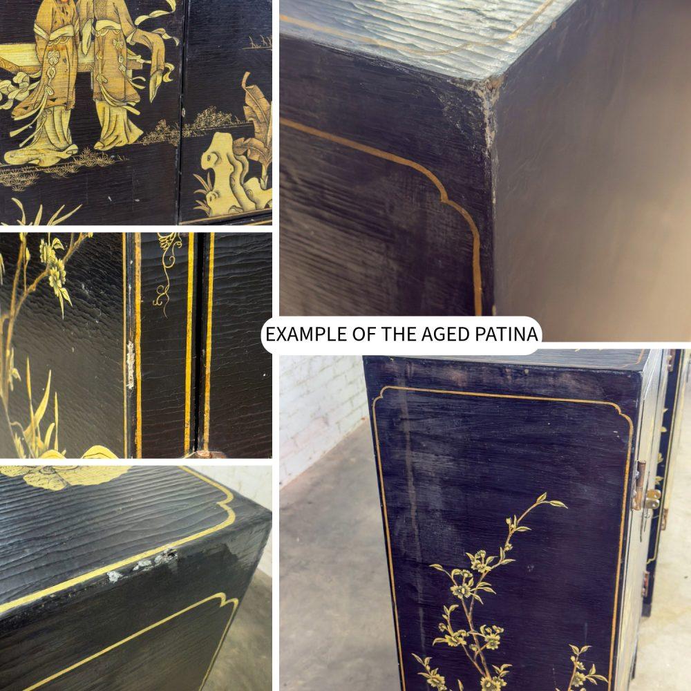 19th to 20th Century Pair of Japanese Textured Black Lacquer Chests w/Hand Painted Asian Details