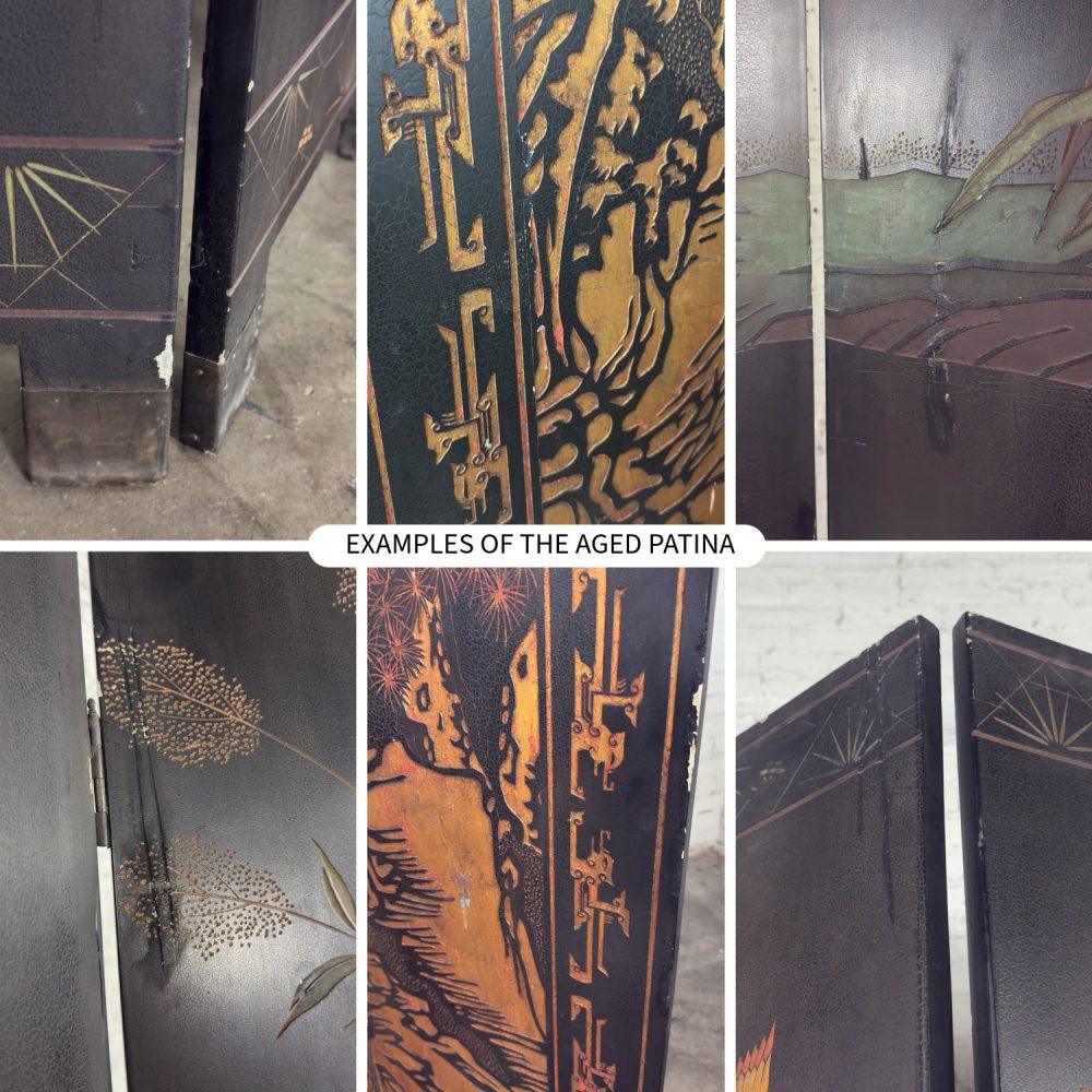 19th to 20th Century Chinese 8 Panel Black Coromandel Folding Screen w/Gilded & Hand Painted Intaglio Designs