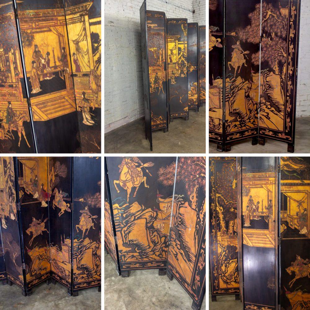 19th to 20th Century Chinese 8 Panel Black Coromandel Folding Screen w/Gilded & Hand Painted Intaglio Designs