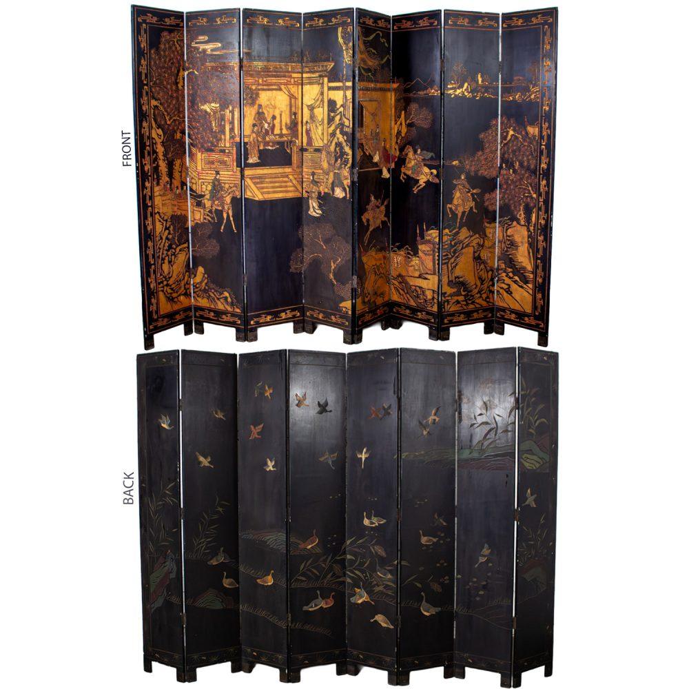 19th to 20th Century Chinese 8 Panel Black Coromandel Folding Screen w/Gilded & Hand Painted Intaglio Designs