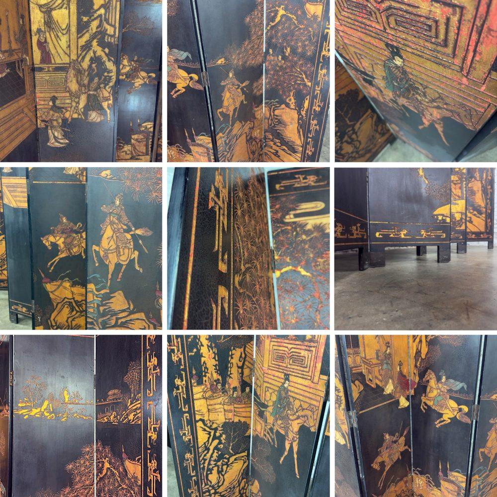 19th to 20th Century Chinese 8 Panel Black Coromandel Folding Screen w/Gilded & Hand Painted Intaglio Designs