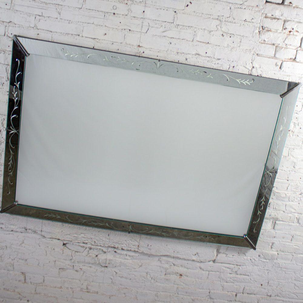 1930-1950’s Art Deco Hollywood Regency Etched Venetian Glass Rectangular Wall Mirror