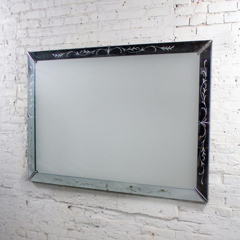 1930-1950’s Art Deco Hollywood Regency Etched Venetian Glass Rectangular Wall Mirror