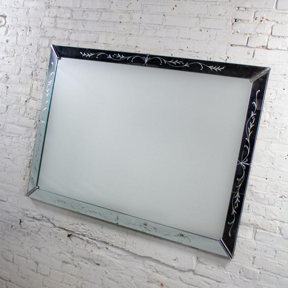 1930-1950’s Art Deco Hollywood Regency Etched Venetian Glass Rectangular Wall Mirror