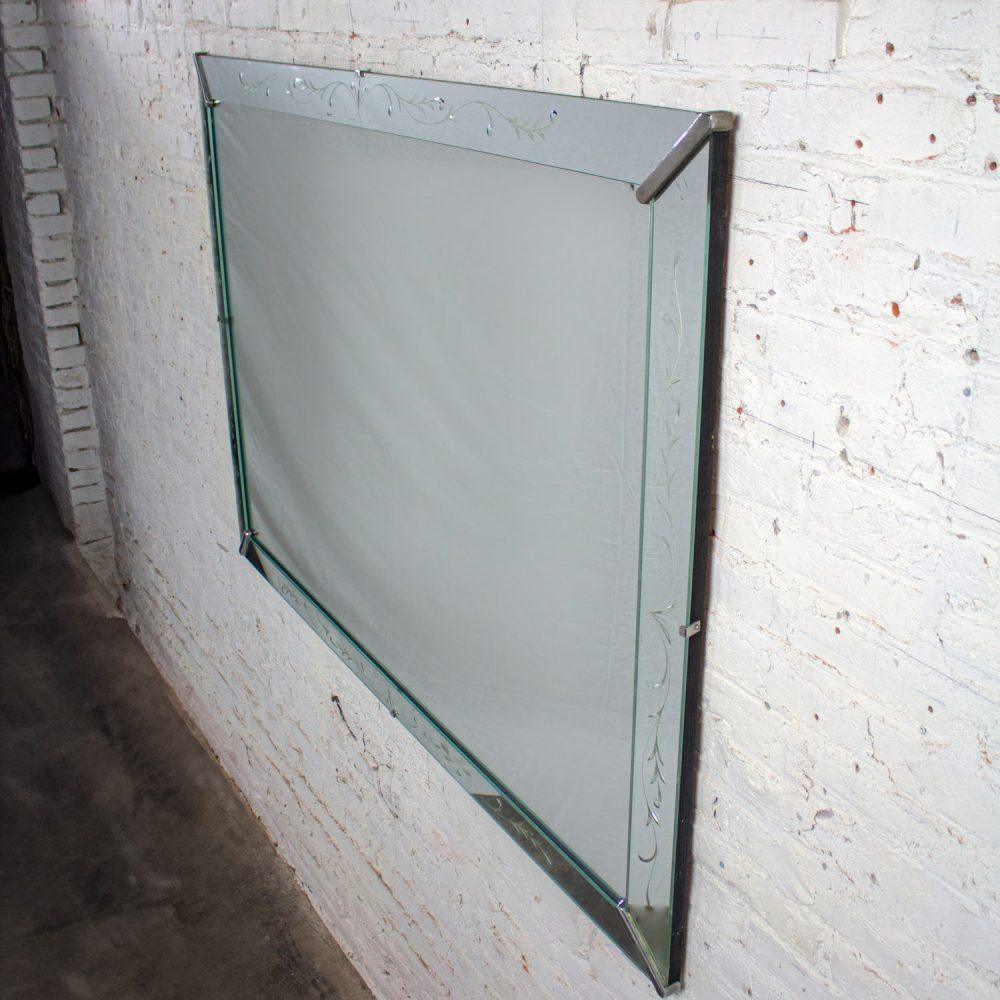 1930-1950’s Art Deco Hollywood Regency Etched Venetian Glass Rectangular Wall Mirror