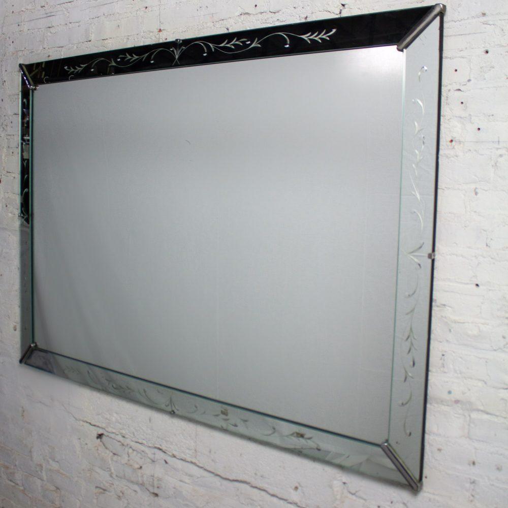 1930-1950’s Art Deco Hollywood Regency Etched Venetian Glass Rectangular Wall Mirror