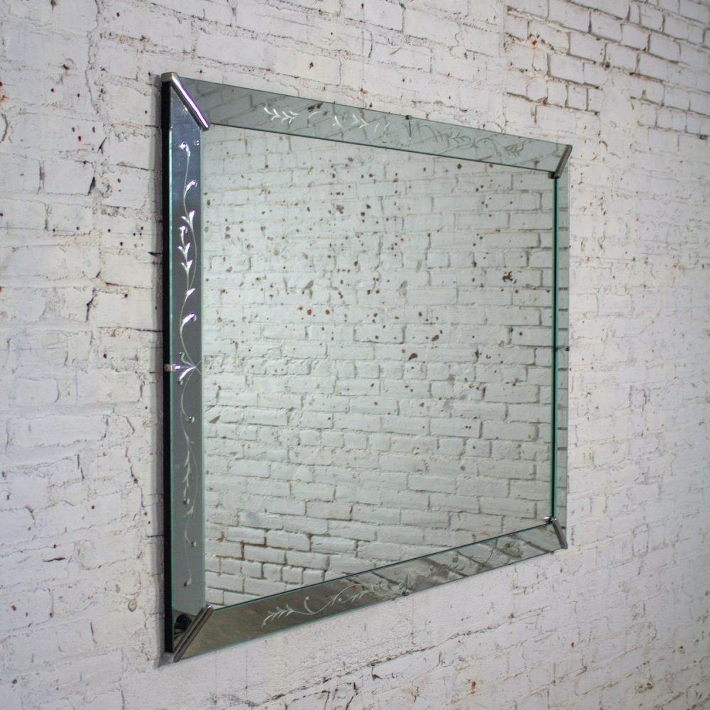1930-1950’s Art Deco Hollywood Regency Etched Venetian Glass Rectangular Wall Mirror