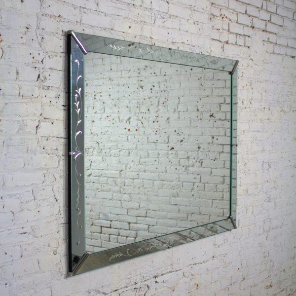 1930-1950’s Art Deco Hollywood Regency Etched Venetian Glass Rectangular Wall Mirror