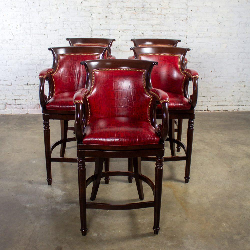 Late 20th Century Traditional Neoclassic Style Red Leather & Wood Barstools by Hancock & Moore set of 5