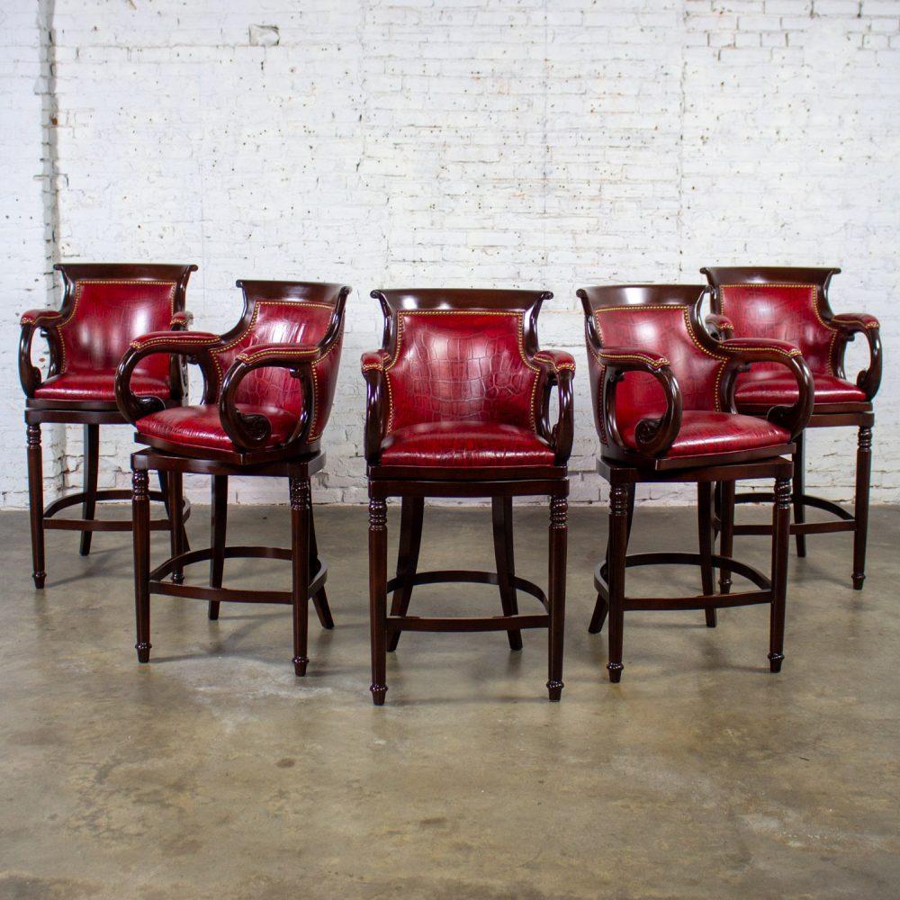 Late 20th Century Traditional Neoclassic Style Red Leather & Wood Barstools by Hancock & Moore set of 5