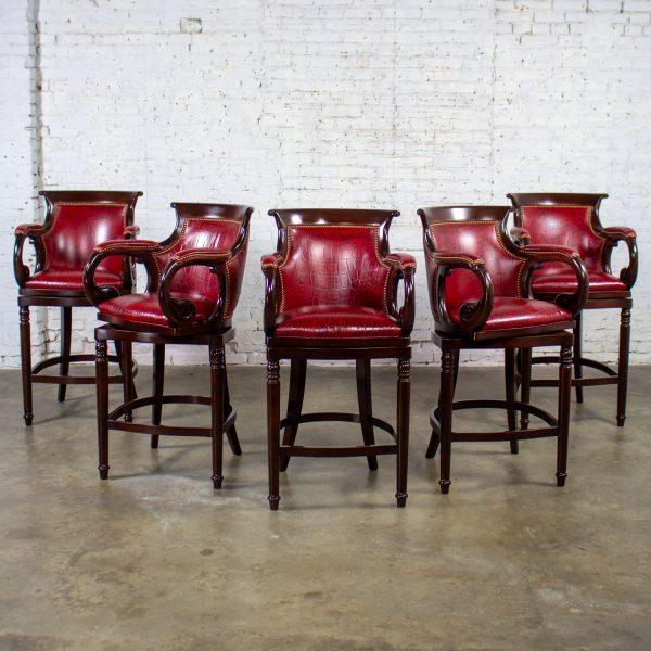 Late 20th Century Traditional Neoclassic Style Red Leather & Wood Barstools by Hancock & Moore set of 5