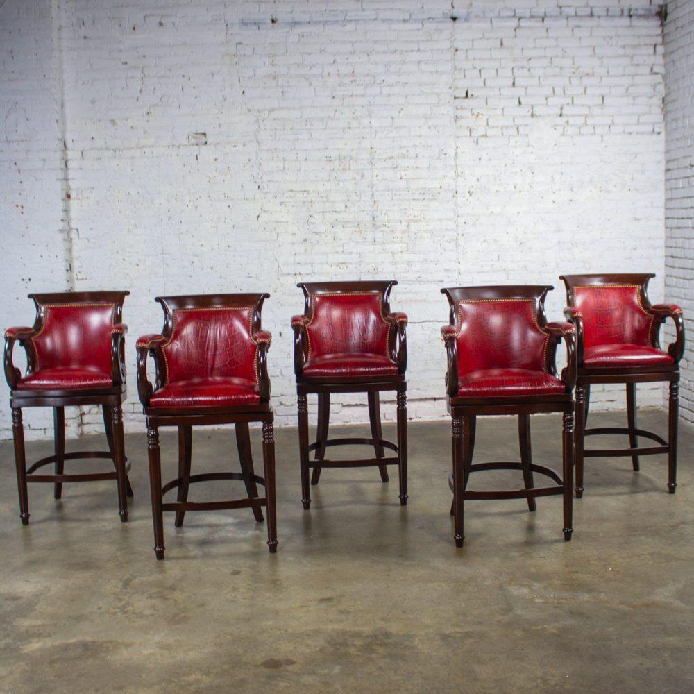 Late 20th Century Traditional Neoclassic Style Red Leather & Wood Barstools by Hancock & Moore set of 5