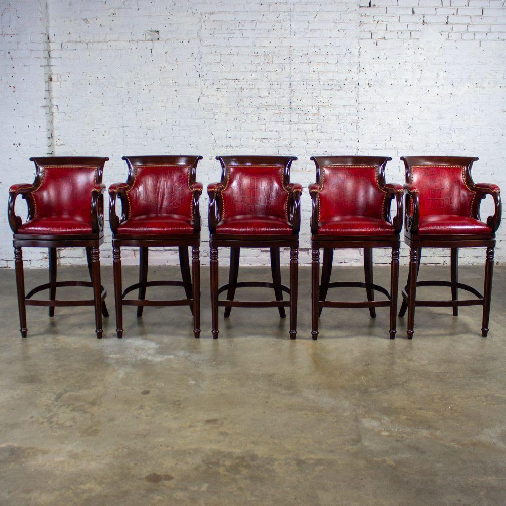 Late 20th Century Traditional Neoclassic Style Red Leather & Wood Barstools by Hancock & Moore set of 5