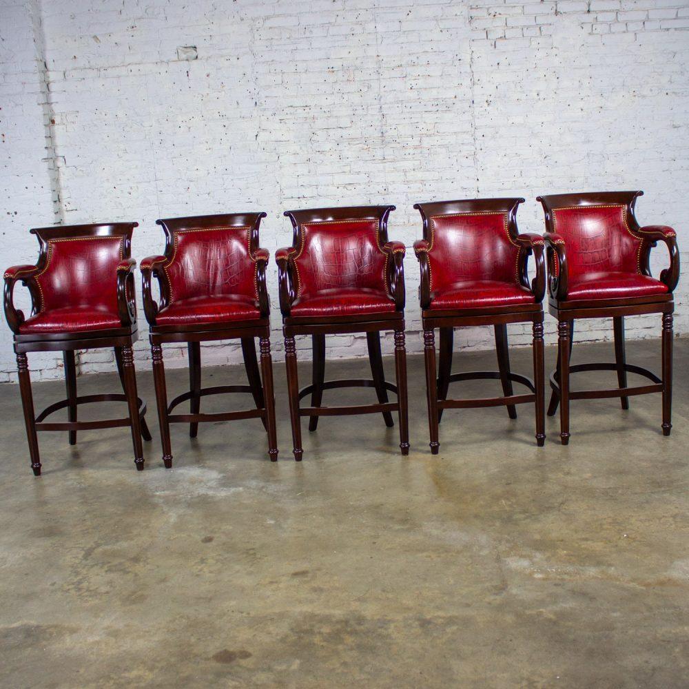 Late 20th Century Traditional Neoclassic Style Red Leather & Wood Barstools by Hancock & Moore set of 5