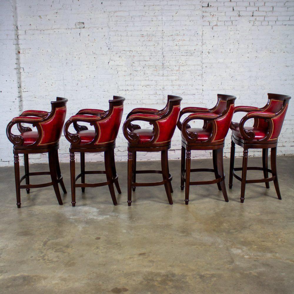 Late 20th Century Traditional Neoclassic Style Red Leather & Wood Barstools by Hancock & Moore set of 5