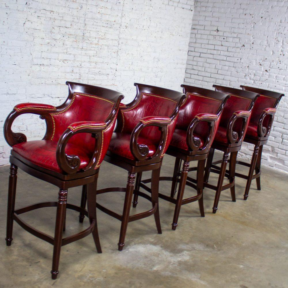 Late 20th Century Traditional Neoclassic Style Red Leather & Wood Barstools by Hancock & Moore set of 5