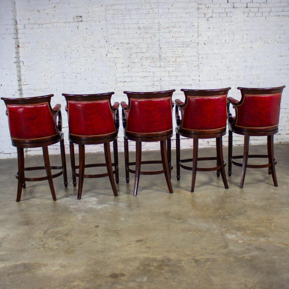 Late 20th Century Traditional Neoclassic Style Red Leather & Wood Barstools by Hancock & Moore set of 5