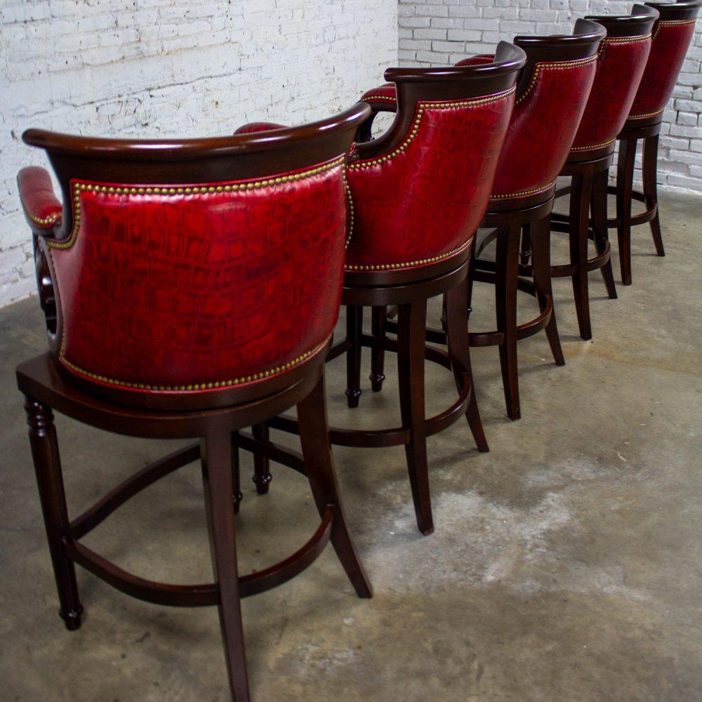 Late 20th Century Traditional Neoclassic Style Red Leather & Wood Barstools by Hancock & Moore set of 5