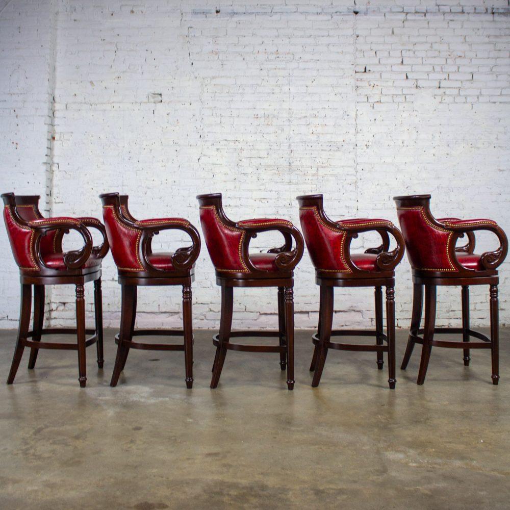 Late 20th Century Traditional Neoclassic Style Red Leather & Wood Barstools by Hancock & Moore set of 5