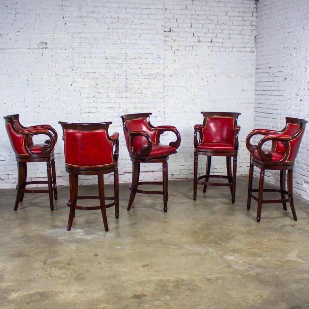 Late 20th Century Traditional Neoclassic Style Red Leather & Wood Barstools by Hancock & Moore set of 5
