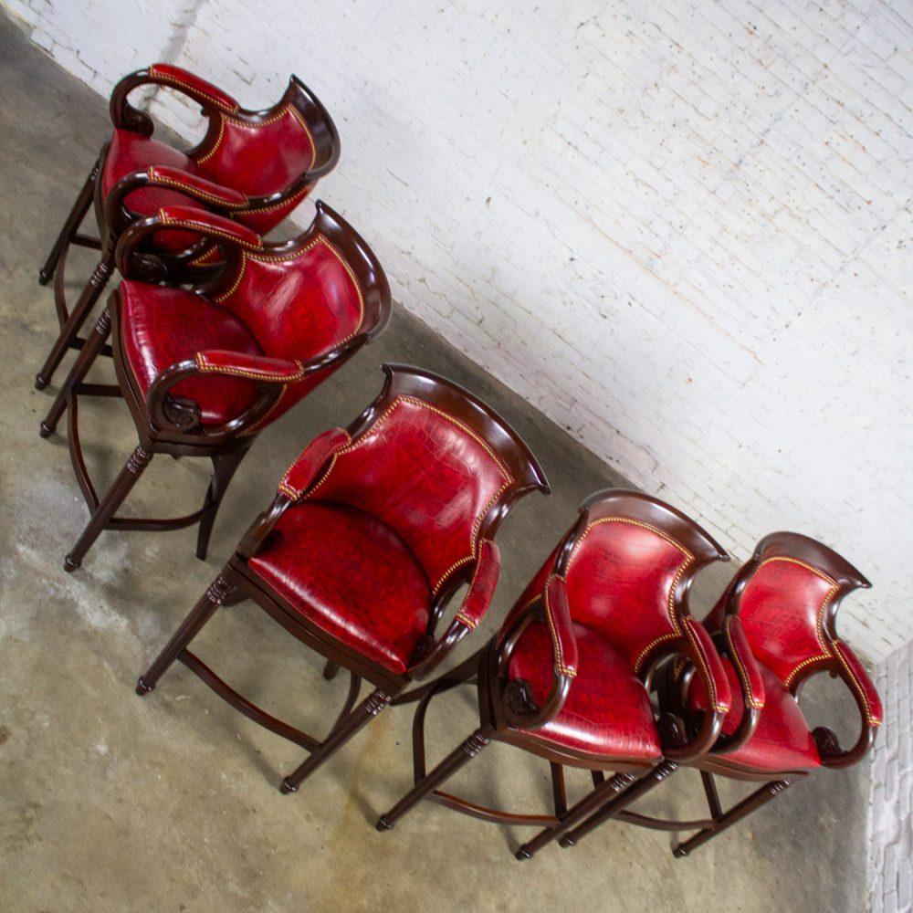 Late 20th Century Traditional Neoclassic Style Red Leather & Wood Barstools by Hancock & Moore set of 5