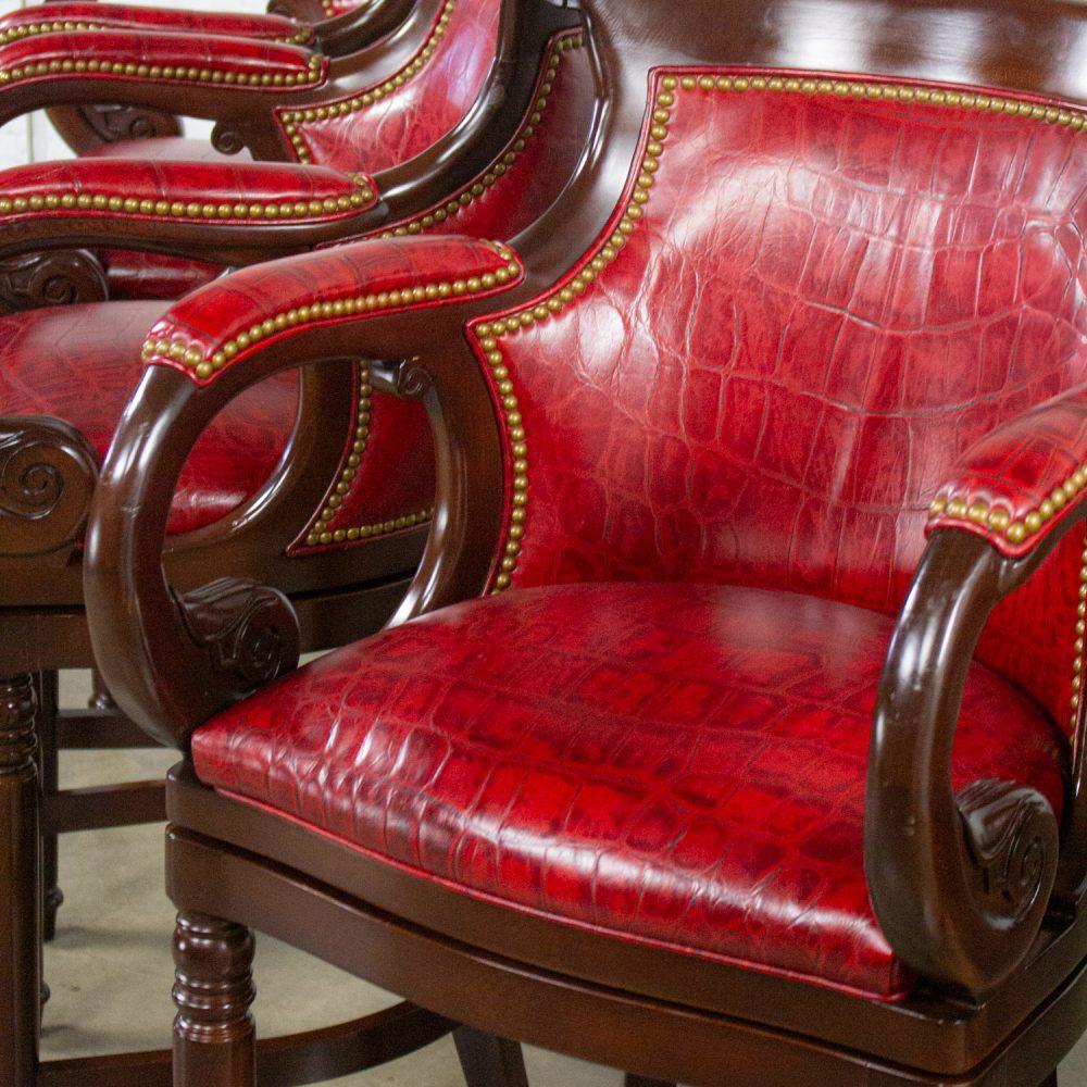 Late 20th Century Traditional Neoclassic Style Red Leather & Wood Barstools by Hancock & Moore set of 5
