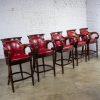 Late 20th Century Traditional Neoclassic Style Red Leather & Wood Barstools by Hancock & Moore set of 5