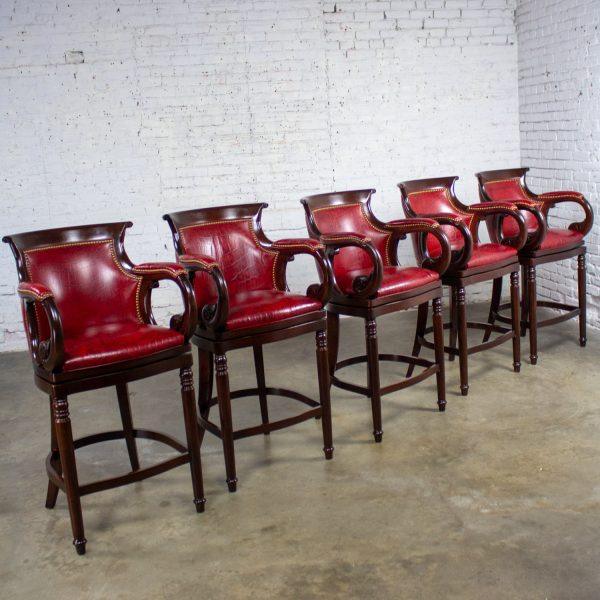 Late 20th Century Traditional Neoclassic Style Red Leather & Wood Barstools by Hancock & Moore set of 5