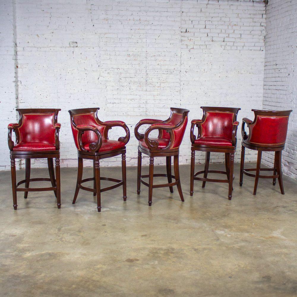 Late 20th Century Traditional Neoclassic Style Red Leather & Wood Barstools by Hancock & Moore set of 5