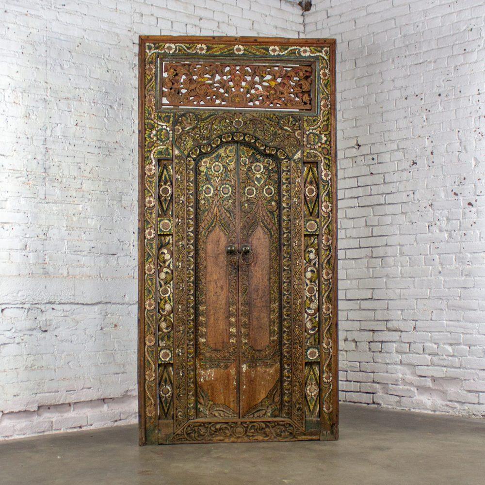 20th Century Balinese Style Asian Hand Carved & Painted Sculptural Teak Door Panel with Brass Pulls