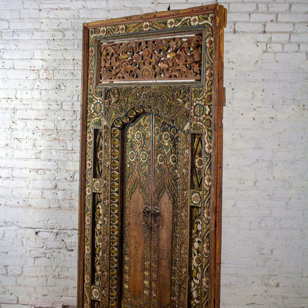 20th Century Balinese Style Asian Hand Carved & Painted Sculptural Teak Door Panel with Brass Pulls