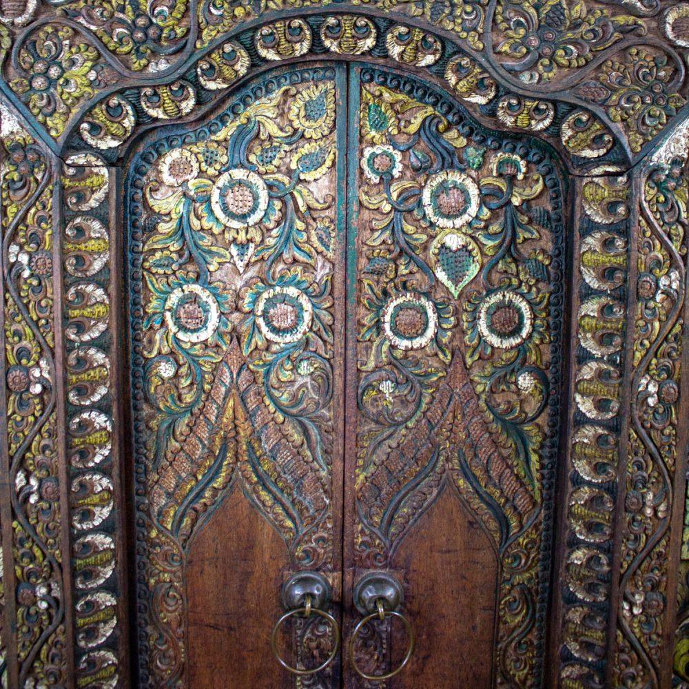 20th Century Balinese Style Asian Hand Carved & Painted Sculptural Teak Door Panel with Brass Pulls