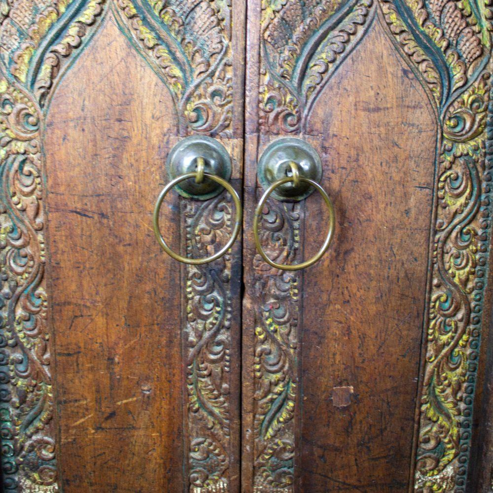 20th Century Balinese Style Asian Hand Carved & Painted Sculptural Teak Door Panel with Brass Pulls