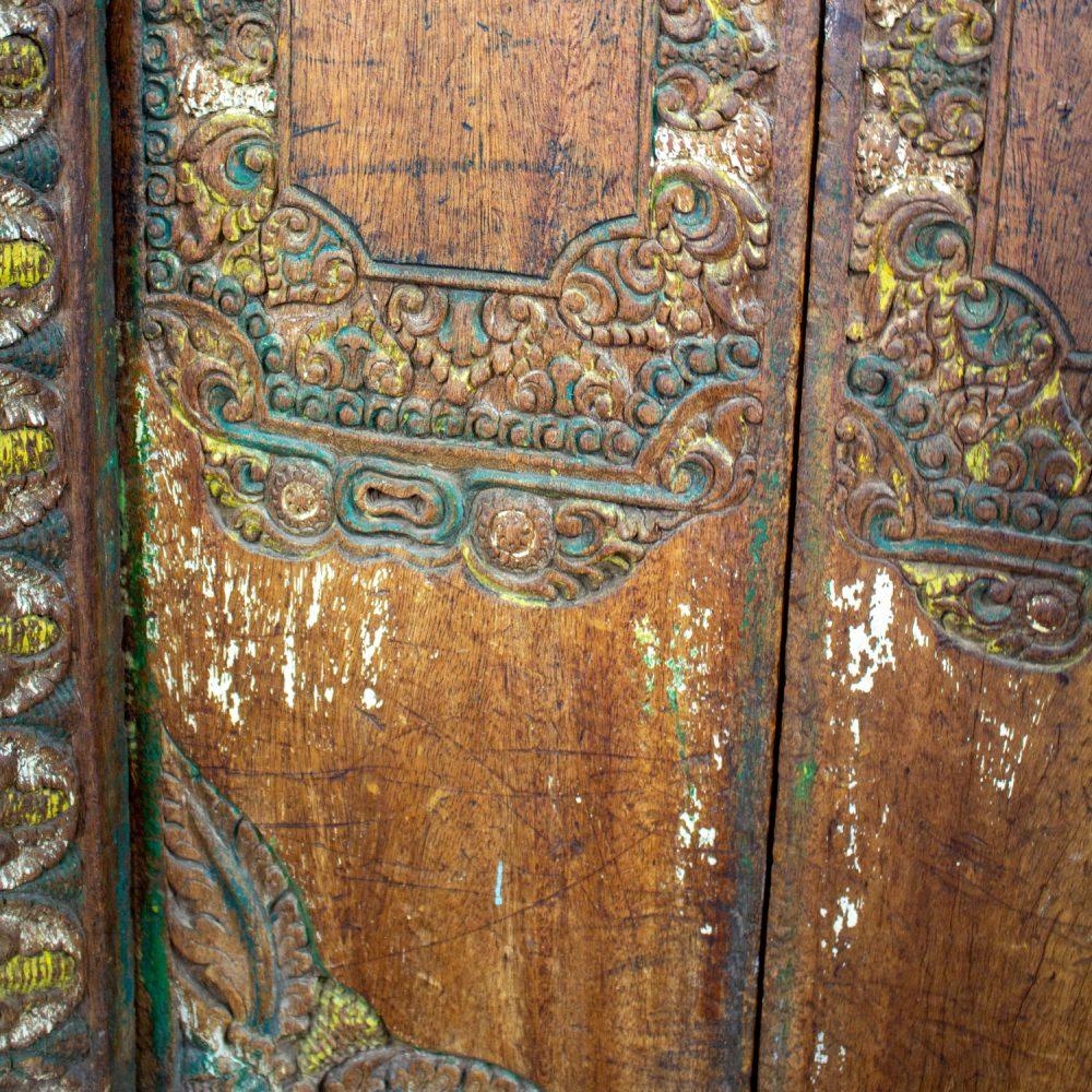 20th Century Balinese Style Asian Hand Carved & Painted Sculptural Teak Door Panel with Brass Pulls