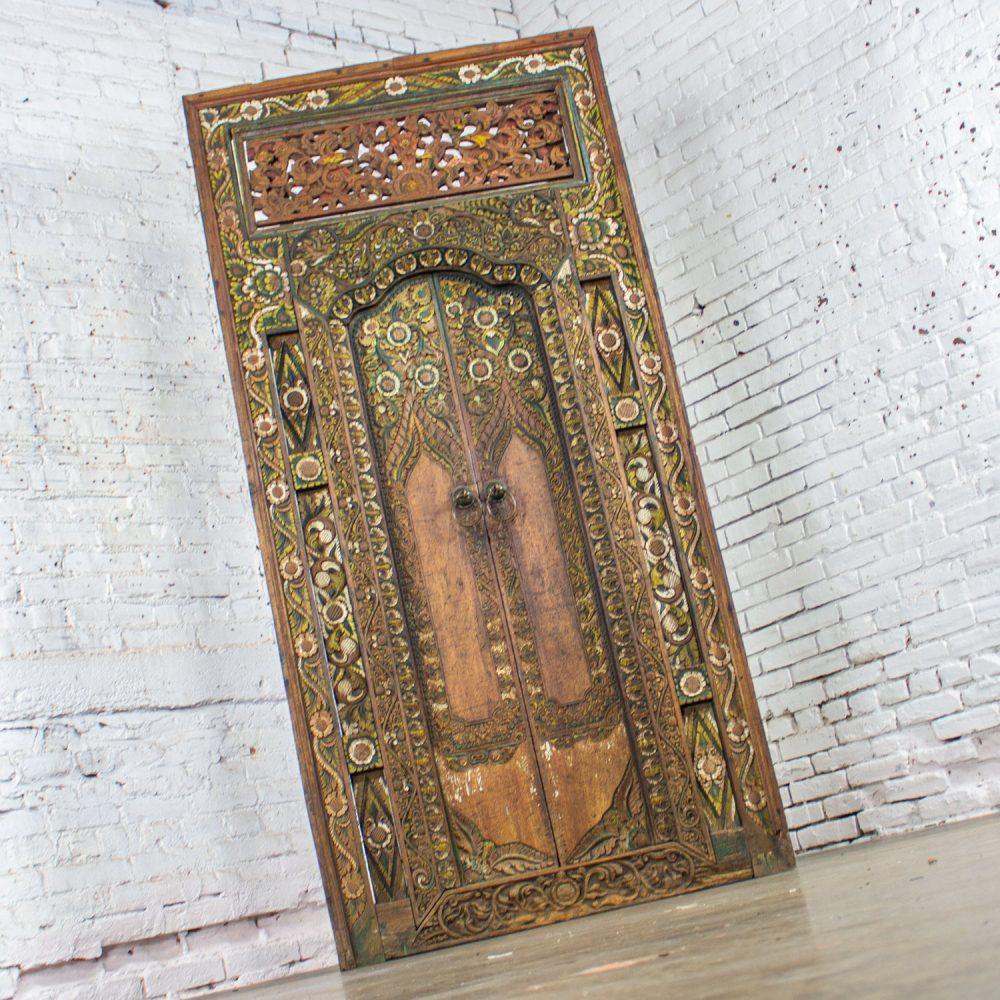 20th Century Balinese Style Asian Hand Carved & Painted Sculptural Teak Door Panel with Brass Pulls