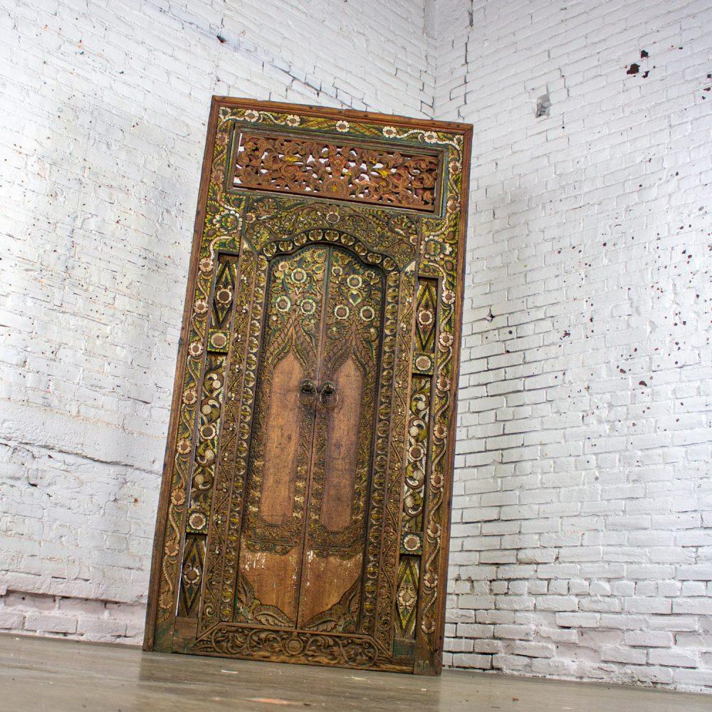 20th Century Balinese Style Asian Hand Carved & Painted Sculptural Teak Door Panel with Brass Pulls