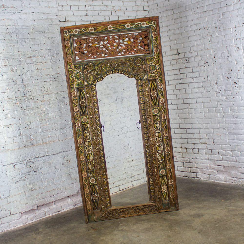 20th Century Balinese Style Asian Hand Carved & Painted Sculptural Teak Door Panel with Brass Pulls