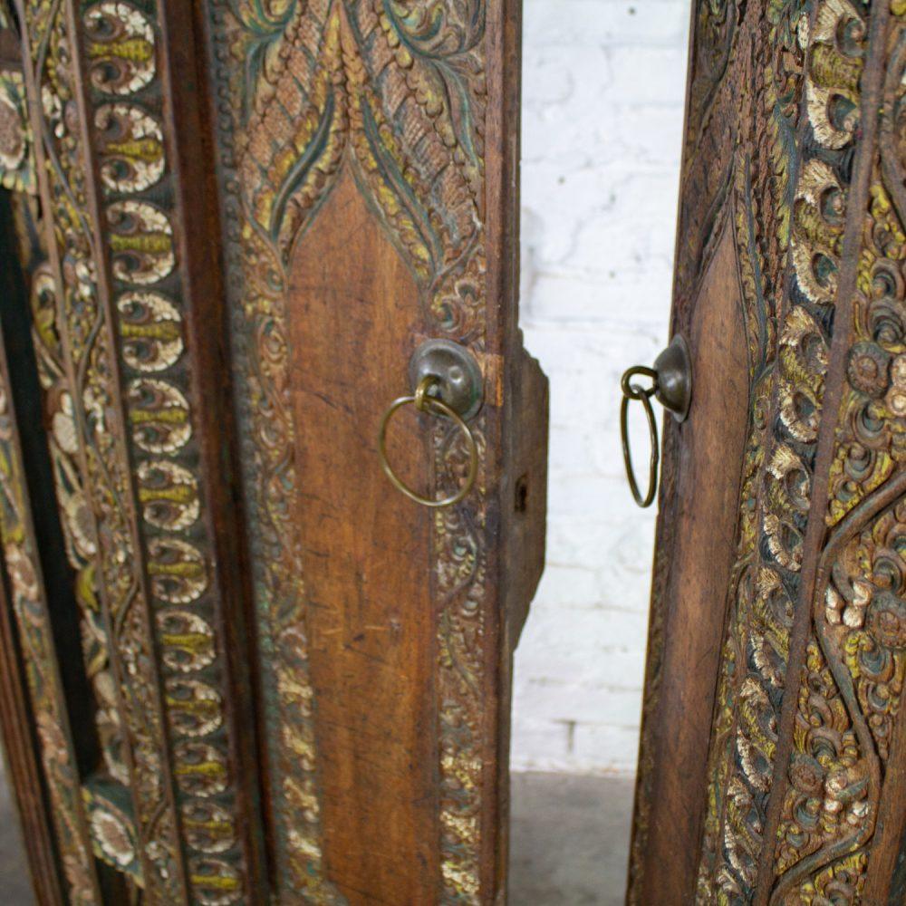 20th Century Balinese Style Asian Hand Carved & Painted Sculptural Teak Door Panel with Brass Pulls