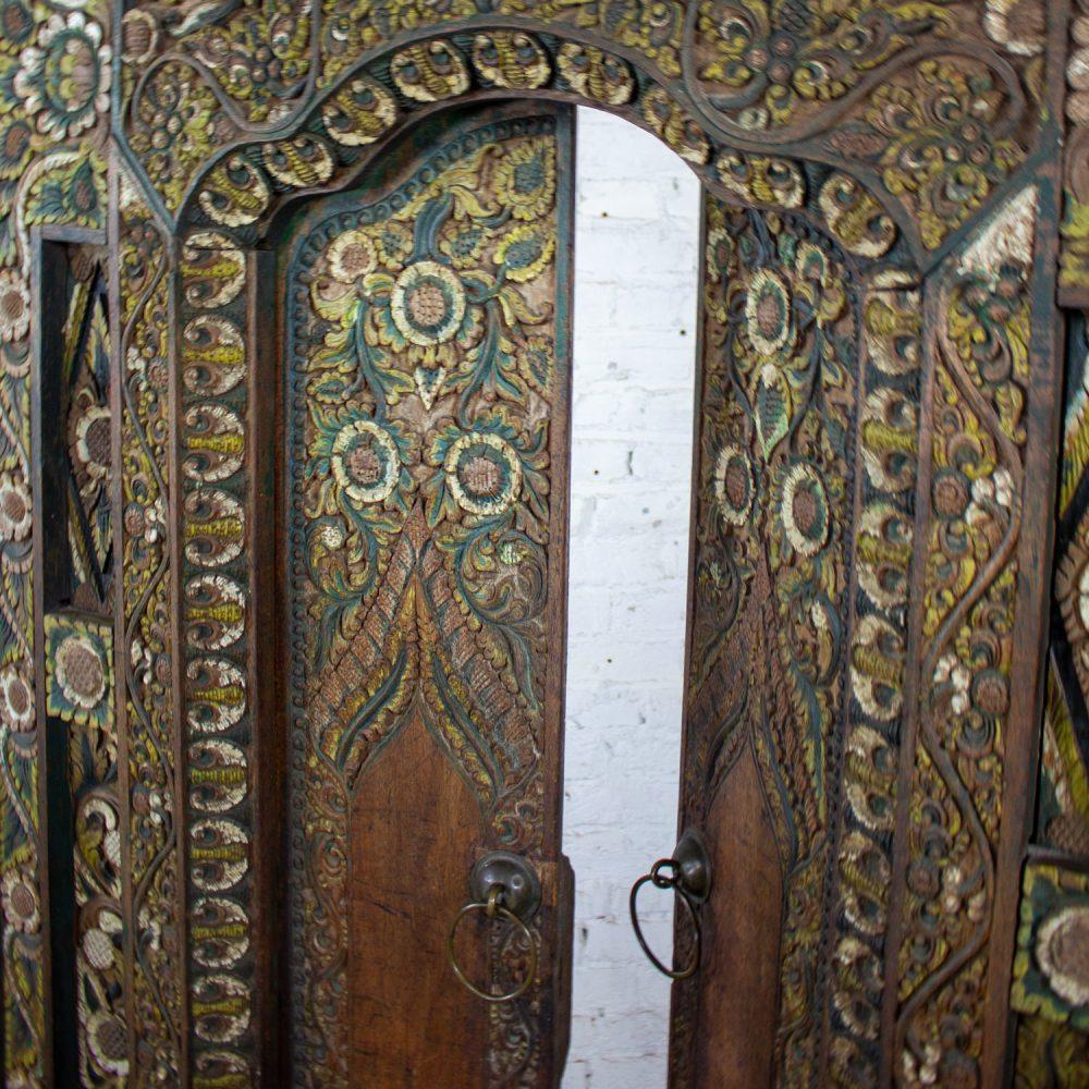 20th Century Balinese Style Asian Hand Carved & Painted Sculptural Teak Door Panel with Brass Pulls