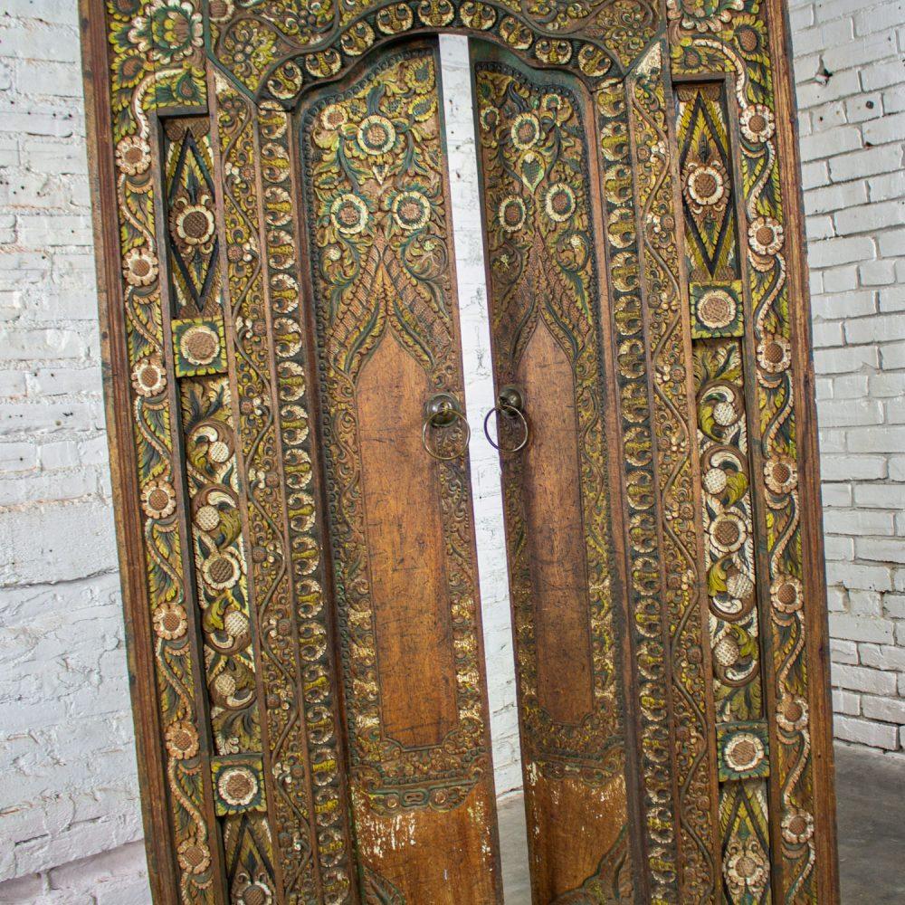 20th Century Balinese Style Asian Hand Carved & Painted Sculptural Teak Door Panel with Brass Pulls