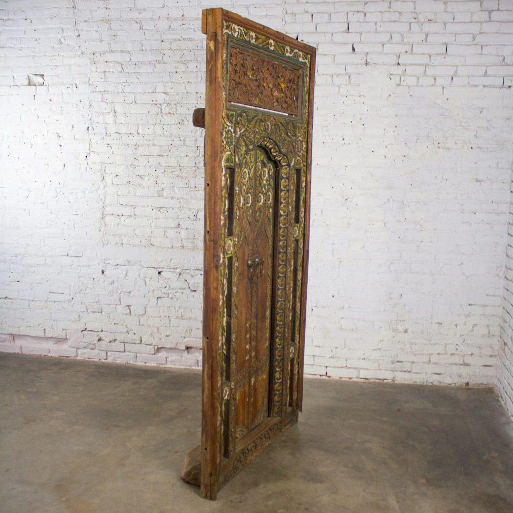 20th Century Balinese Style Asian Hand Carved & Painted Sculptural Teak Door Panel with Brass Pulls