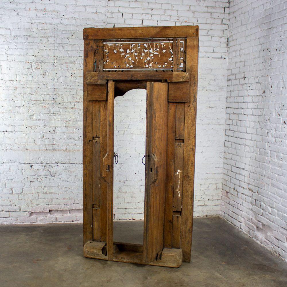 20th Century Balinese Style Asian Hand Carved & Painted Sculptural Teak Door Panel with Brass Pulls